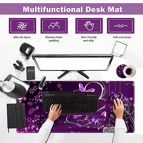 ARTSO Desk Mat, Large Gaming Mouse Pad Wrist Support Set, Ergonomic Keyboard Wrist Rest Desk Pad with Coaster Combo, Extended Mousepad with Non-Slip for Home Office, Purple Heart Butterfly - color: Purple Heart Butterfly