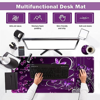ARTSO Desk Mat, Large Gaming Mouse Pad Wrist Support Set, Ergonomic Keyboard Wrist Rest Desk Pad with Coaster Combo, Extended Mousepad with Non-Slip for Home Office, Purple Heart Butterfly - color: Purple Heart Butterfly