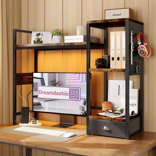DreamDashio Desk Hutch with Shelves & Outlets, Desktop Bookshelf Organizer with RGB Lights, Storage Drawer & Pegboard, Anti‑Tip Strap for Gaming/Office/Dorm