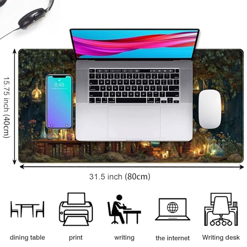 Desk Mat Large Mouse Pad Magical Tree Gaming Desk Pad, Extended Keyboard and Mouse Mat XXL, Computer Mats for Desktop Full Desktop Laptop Mat, Anime Dark Academia Office Desk Decor 31.5x15.7 Inch - color: Enchanted Forest Library