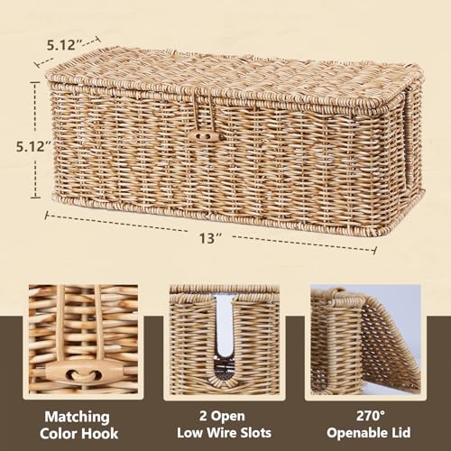 BROWNLILY Cable Management Box, Rattan Style Cord Organizer for Desk Cord Hider Outlet Covers for Power Strip TV PC Router Charger Under Desk Storage - Natural Small - color: Natural, size: M
