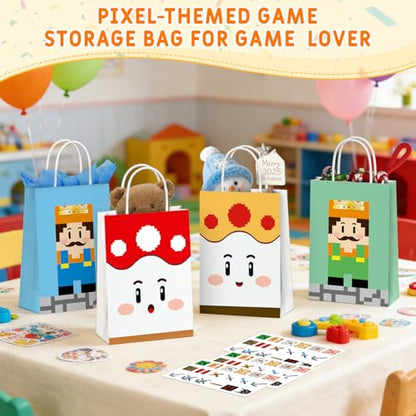 Magpixel Gift Bags with Handle: 16PCS Video Game Party Favor Bags, 54PCS Pixel Temporary Tattoos, Cartoon Paper Goodie Bags for Kids Birthday Christmas Holiday Decoration Classroom Treats
