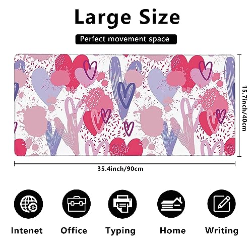 MIOAOSRT Desk Mat,Pink and Violet Hearts Gaming Mouse Pad,XXL Extended Mouse Pad Mat for Office,Computer,Keyboard with Non-Slip Base Stitched Eges Mousepad 35.4x15.75 inch - color: Pink and Violet Hearts