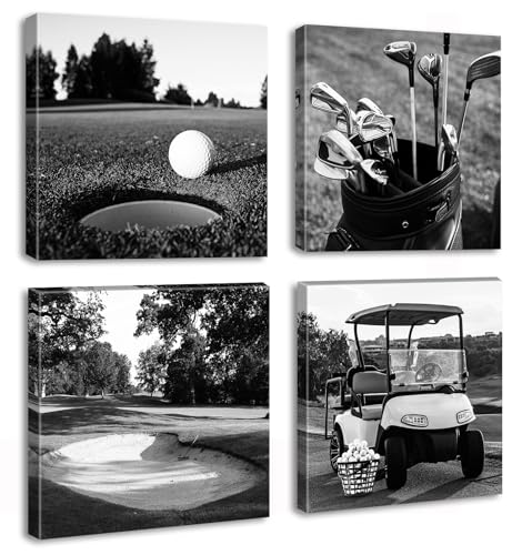 DJSYLIFE Golf Decor Golf Course Wall Art - Sport Poster Black and White Canvas Prints Picture for Modern Home Office Men Bedroom Decoration Stretched and Framed Ready to Hang 12"X12"X4 - color: Black Golf