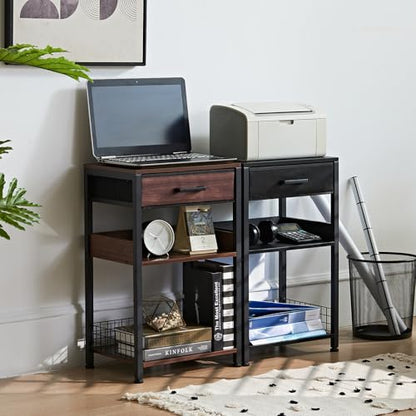 Lerliuo Walnut Printer Stand with Fabric Drawer, 3 Tier Industrial Side Table, Modern Small Printer Desk Holder with Storage Shelf,Multi-Functional Bedside Tables for Home Office Fax Machine Scanner - color: Walnut