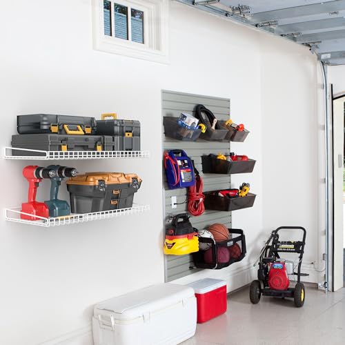 Wallmaster Heavy Duty Garage Wall Shelving 2 Pack 23.6"x11.8" Metal Wire Shelves Wall Mount Mesh Storage Rack for Garage, Office, Basement and Kithcen, max Load 65 lbs (White) - color: White, size: 2pack