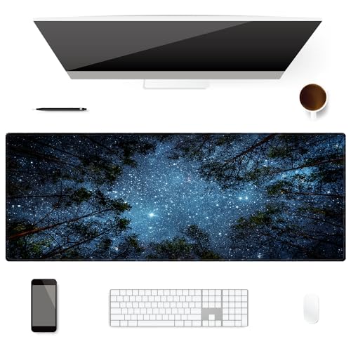 Extended Desk Mat (31.5x11.8 inch 3mm Thick), iDonzon Soft Cute Extra Large XXL Waterproof Gaming Mouse Pad with Non-Slip Rubber Base & Stitched Edges, for Working/Game, Forest Starry - color: Blue
