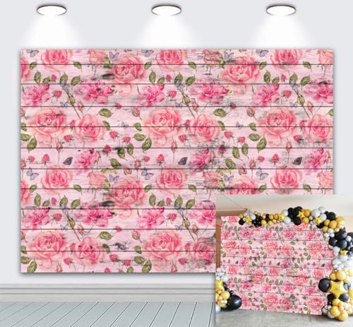 Rustic Wood Backdrop for Photoshoot 10x8ft Vinyl Pink Floral Wooden Board Floor Wall Panel Photography Background Rose Leaves Birthday Wedding Party Decorations Cake Table Photo Props - color: pink floral, size: 10x8ft