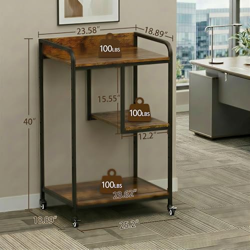 HAAYOT Printer Stand with Storage: 40-inch Tall 3-Tier Printer Table & Cart with Wheels, Left/Right Adjustable Shelf for Home Office, PC Tower & Paper Shredder, Rustic Brown