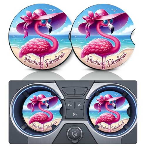 2PCS Flamingo Car Cup Holder Coasters, Cars Coasters for Cup Holders, 2.75" Universal Anti Slip Rubber Mat with Finger Slot, Pink Flamingos Car Accessories Interior Decor, Flamingo Gifts - color: Flamingo Beach