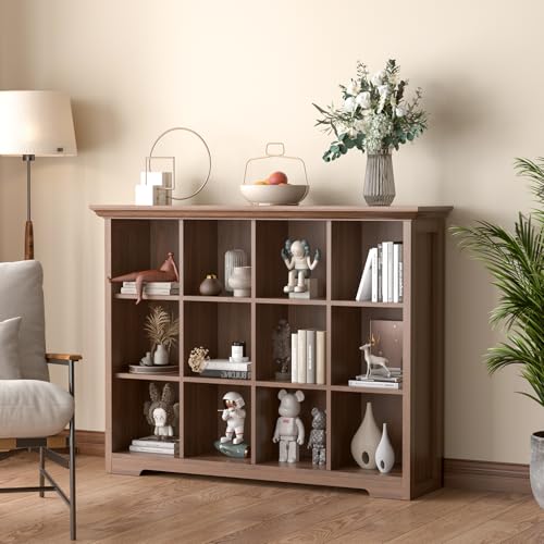 OSCHF Cube Shelf Bookcase with Base - Wooden 3 Tiers Floor Standing Low Storage Cabinet for Home and Office, 12-Cube Lattice Bookshelf, Walnut - color: Walnut, size: 12-Cube