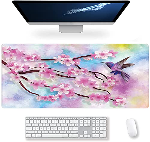 Extended Large Gaming Mouse Pad Spring Peach Blossoms and Hummingbirds XXL Size Keyboard Mouse Mat Desk Pad with Non Slip Rubber Base Stitched Edges Office Decor for Women Girls Men,35.4 x 15.7inch - color: peach and hummingbirds