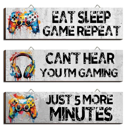Hatzelou 3Pcs Game Wall Art Wooden Sign, Little Man Cave Sign Hanging, Game Hanging Wall Art Decor Sign, Gamer Wall Plaques Decor for Boys Kids Bedroom Playroom Nursery - size: 3pcs-eat