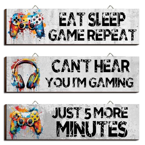 Hatzelou 3Pcs Game Wall Art Wooden Sign, Little Man Cave Sign Hanging, Game Hanging Wall Art Decor Sign, Gamer Wall Plaques Decor for Boys Kids Bedroom Playroom Nursery - size: 3pcs-eat