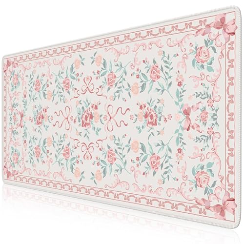 HAOCOO Pink Desktop Mat with Bow, Cute Large Mouse Pad for Office, Non-Slip Waterproof Desk Pad for Keyboard and Mouse, Floral Aesthetic Desktop Mat, Girly Home & Cubicle Supplies - color: D-pink Bow, size: 35.4" x 15.7"