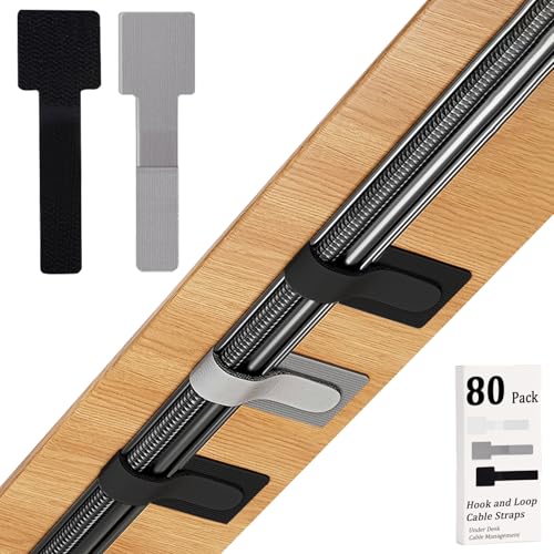 80PCS Hook and Loop Cable Straps, Cable Management Under Desk, Adhesive Cable Tie, Reusable Wire Organizer for Cords, Cord Management, Computer Accessories for Desk, Home Office Essentials, Black+Gray - color: Black + Gray