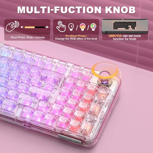 YUNZII X98 QMK/VIA Wireless Mechanical Gaming Keyboard with Knob,Tri-Mode BT5.0/USB-C/2.4GHz Hot Swappable Keyboard,Pre-lubed Switches Gasket Mount RGB Backlit for Wins/Mac (Pink, Crystal Switch) - color: Pink, size: Crystal Switch