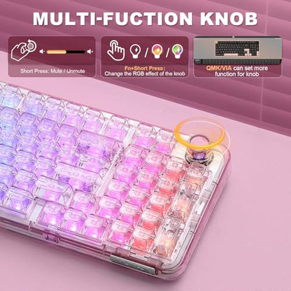 YUNZII X98 QMK/VIA Wireless Mechanical Gaming Keyboard with Knob,Tri-Mode BT5.0/USB-C/2.4GHz Hot Swappable Keyboard,Pre-lubed Switches Gasket Mount RGB Backlit for Wins/Mac (Pink, Snow Switch) - color: Pink, size: Snow Switch