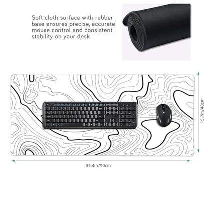 XXL White Topographic Contour Big Mouse Pad Large,Gaming Mouse Pad Desk Pad,35.4x15.7x0.12 Inch Long Computer Keyboard Mouse Mat Mousepad Non-Slip Base and Stitched Edge for Gaming and Office - color: White Topographic Contour, size: 35.4Lx15.7W inches