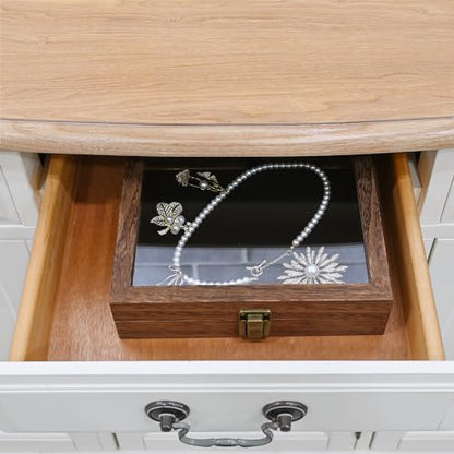 MOOCA Tempered-Glass Top Small Wooden Jewelry Display Case with Removable Black Luxurious Velvet Jewelry Display Pad, Deeper 2.2" Design for Collectibles, Brown Color. - color: Brown With Velvet Pad