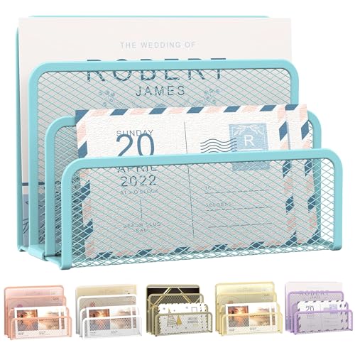 SUPEASY Mail Organizer for Desk, Mesh Metal Mail Holder Countertop with 3-Slot, Letter Sorter File Holder, Office Envelope Organizer for Mails (Blue) - color: Blue