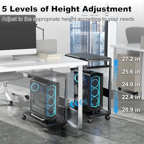 Aquzee PC Stand, Adjustable Computer Tower Stand on Wheels, Heavy Duty Metal Computer Case Cart with Power Strip, Under Desk Rolling PC Holder for Floor Carpet, Gaming Home Office Bedroom, Black