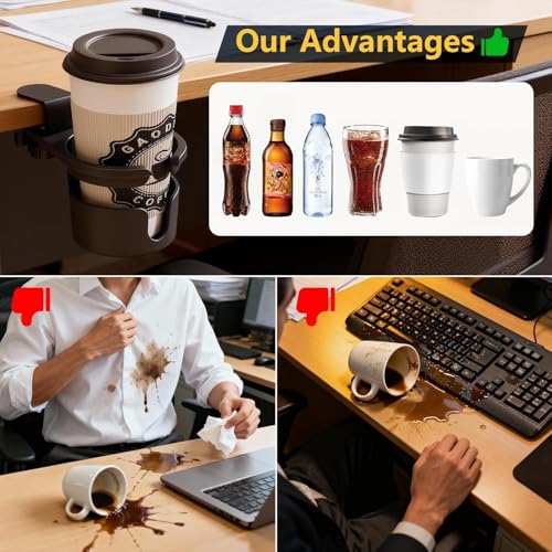 Desk Cup Holder Clip On 360° Rotating Clamp,Deeper Anti-Spill Drink Holders for Water Bottles & Coffee Mugs,Adjustable Clamp Fits Screw On Table for Drinks,Office,Gaming Desk,Home,Black - size: 3.62"L x 3.62"W x 3.5"H