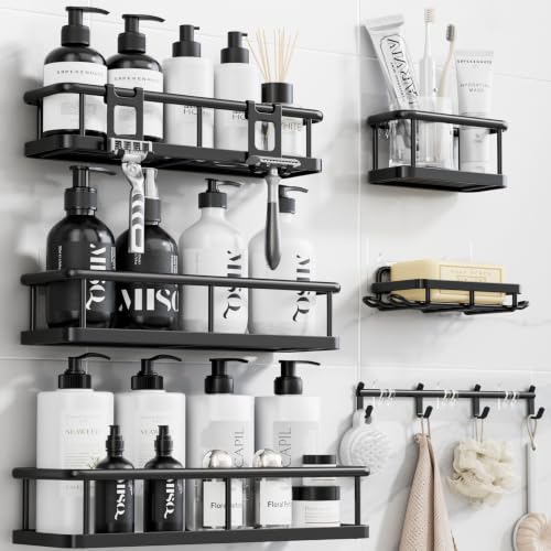 YASONIC Shower Caddy Adhesive, Rustproof Shower Organizer with Soap Holder, Large Capacity Shower Shelves for Inside Shower, No Drilling Bathroom Organizers and Storage for Home Decor 6 Pack Black - color: Black, size: XL