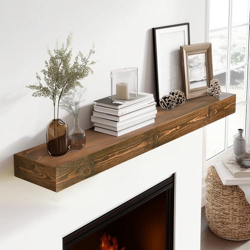 48x3x7in Solid Wood Floating Shelf – Brown Rustic Wall Mounted Fireplace Mantel Shelf – Heavy Duty Decorative Fireplace Mantel for Living Room, Kitchen, Bathroom, Bedroom - color: Brown, size: 48x3x7-hollow