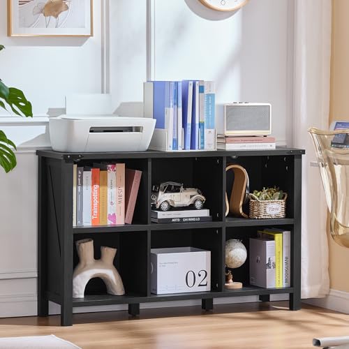 Joaxswe 6 Cube Bookcase, Farmhouse Wood Low Storage Organizer Book Shelf, Black 47" Horizontal Console Bookshelf with Legs, Hallway Book Case for Entryway, Display Cabinet for Living Room, Office - color: Black, size: 6 Cube (13.6"D x 47.24"W x 29.7"H)