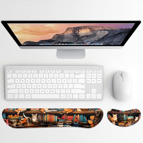 Dapesuom Enlarge Keyboard Wrist Rest, Memory Foam Wrist Cushion for Desk Mats Support, Cute Typing Pain Relief Keyboard Mouse Pad Rests Set with Non-Slip Base for Gaming Laptop Computer, Library Cats - color: Library Cats