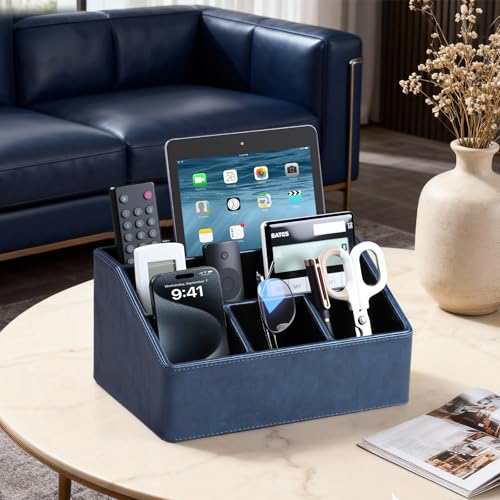 PU Leather Desk Organizer, Luxury Remote Control Holder for Home, Office Desk Accessories Table Caddy Bedside Nightstand Organizer (Dark Blue) - color: Dark Blue