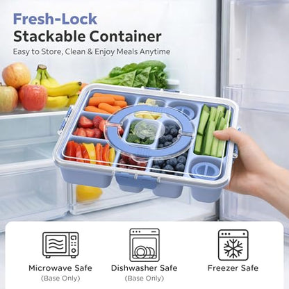 Snackle Box Container for Adults with 10 Compartment, Divided Serving Tray with Lid and Handle and 2 Sauce Containers, Portable Snack Box Container for Charcuterie Party Travel, Blue - color: Light Blue