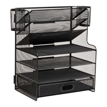 Mind Reader Mesh Desk Organizer, 6 Compartments, 1 Drawer, 2 Pen Cups, Office Desktop Organizer, Metal Mesh, Black