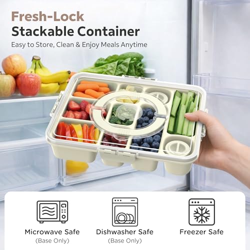 Snackle Box Container for Adults with 10 Compartment, Divided Serving Tray with Lid and Handle and 2 Sauce Containers, Portable Snack Box Container for Charcuterie Party Travel, White - color: White