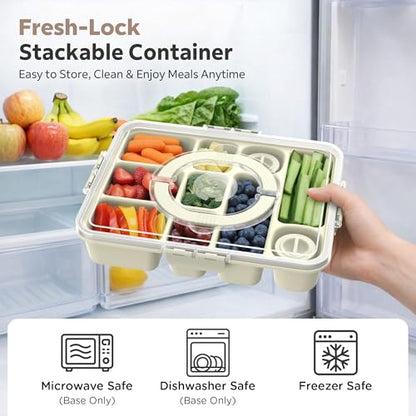 Snackle Box Container for Adults with 10 Compartment, Divided Serving Tray with Lid and Handle and 2 Sauce Containers, Portable Snack Box Container for Charcuterie Party Travel, White - color: White