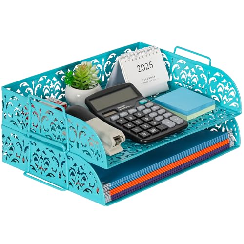 EasyPAG Paper Organizer for Desk 2 Tier Stackable Paper Tray for A4 Legal Size Folders Metal File Storage Desktop Organizer for Home Office School Teacher, Dark Teal - color: Dark Teal