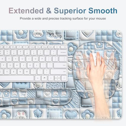 4 in 1 Large Mouse Pad, Keyboard Wrist Rest Set, Ergonomic Mouse Pad with Wrist Support, Desk Mat with Stitched Edges Extended Desk Pad Waterproof Desk Mat for Home Office Game I Cute Rabbit Baby Blue - color: Cute Rabbit Baby Blue