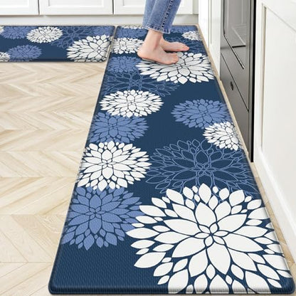 Kitchen Mats, 2PCS Non-Slip Cushioned Rugs, Anti-Fatigue Waterproof Floor Rug, Washable Standing Desk Mat, Home Laundry Office Apartment Decor and Accessories (17.3" ×70" +17.3" ×30"-Blue) - size: 17.3"W×70"L+17.3"W×30"L-0.4"Th