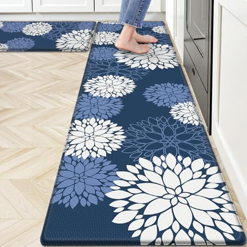 Kitchen Mats, 2PCS Non-Slip Cushioned Rugs, Anti-Fatigue Waterproof Floor Rug, Washable Standing Desk Mat, Home Laundry Office Apartment Decor and Accessories (17.3" ×70" +17.3" ×30"-Blue) - size: 17.3"W×70"L+17.3"W×30"L-0.4"Th
