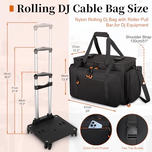 Rolling Dj Cable Bag with Laptop and Microphone Pocket, Dj Bag for Equipment and Music Accessories with Detachable Dividers, Bottom Pad, Dj Gig Bag for Musicians, Professional, Travel, Orange - color: Orange, style: Rolling Dj Cable Bag
