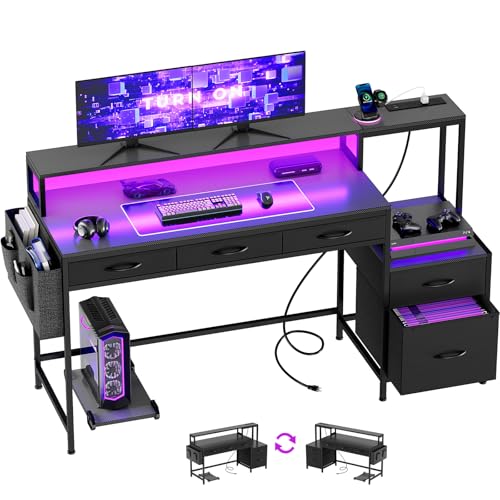 REAHOME 61 Inch Gaming Desk with Charging Station and LED Lights, Reversible Computer Desk with Storage Drawer and Monitor Stand, Modern Desk Table with File Cabinet & Side Pocket, Carbon Fiber Black - color: Carbon Fiber Black