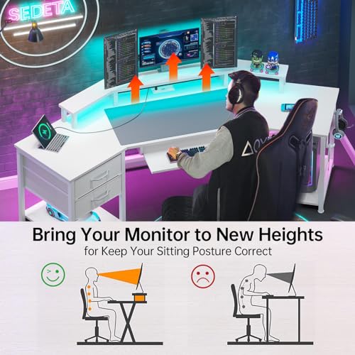 SEDETA 79" Gaming Desk, Computer Desk with 2 Fabric Drawers & LED Light, White Small Desk with Storage for Home Office, Carbon Fiber White - color: Carbon Fiber White