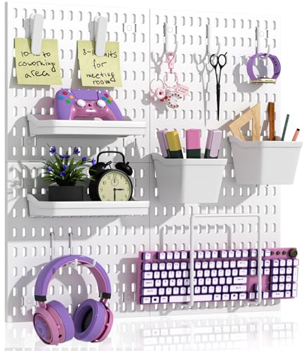 AKTOP Peg Board Wall Organizer 4-Pack – 12"x12" White Pegboard Combination Kit with 13 Accessories for Wall, Plastic Peg Board Panels for Home, Office, Garage Tool Storage & Craft Room - color: 12inch Pegboard Kit-White