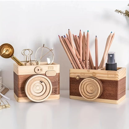 HAOXU 1pc Wooden Unique Pen Holder, Retro Camera Learning Stationery Pencil Holder For Student, Office And Home Small Item Storage Decoration Bucket - Style B