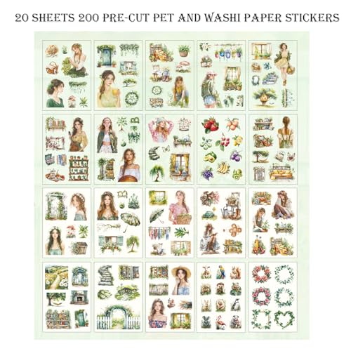 Scrapbooking Stickers 20 Sheets Pre-Cut 200 washi Stickers PET People Sticker Books for journaling Scrapbook Supplies Transparent Journal Sticker - color: Green