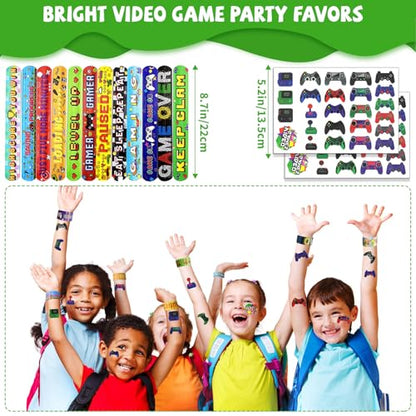 146 Pcs Video Game Party Favors, Gamer Party Favor -Ink Pen Notebook VIP Passes with Lanyards Slap Bracelets Keychains Bags Tattoo Stickers for Kids Gaming Party Favors Game On Birthday Partys Favor - style: Video Favor