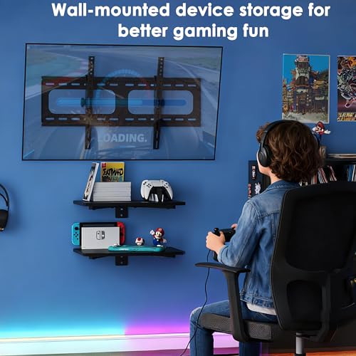 3-in-1 TV Wall Mount & Floating Shelves Kit, Fits 37–75" TVs, Wall-Mount TV Bracket with 2 Wooden Shelves, Max VESA 600×400 mm, for Living Room, Game Room, Bedroom