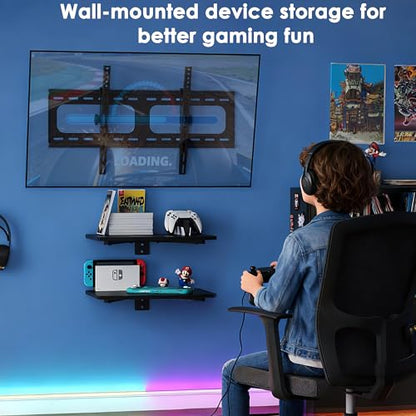 3-in-1 TV Wall Mount & Floating Shelves Kit, Fits 37–75" TVs, Wall-Mount TV Bracket with 2 Wooden Shelves, Max VESA 600×400 mm, for Living Room, Game Room, Bedroom