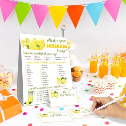 Funny Lemonades Games Sign Cards Set, What's Your Lemonades Name Game Card, Lemonade Party Game Cards, 1 Lemonade Name Sign, 30 Lemon Name Sticker Card, Birthday Party Games Decoration for Boys Girls - style: Lemonades